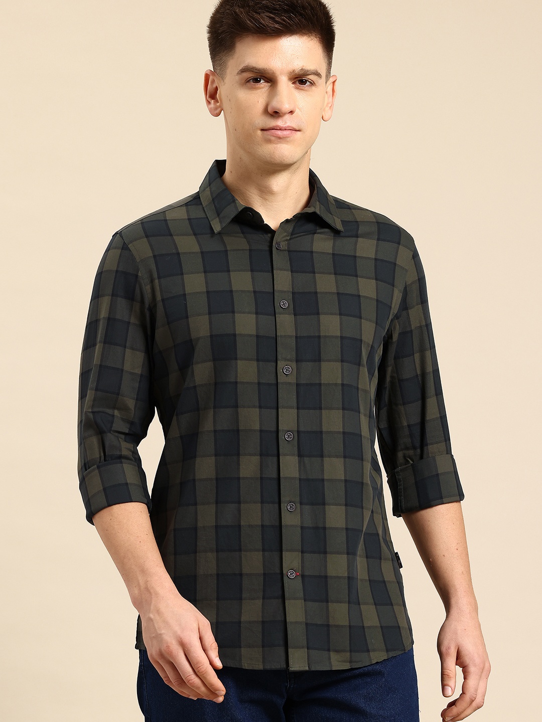 

Being Human Checked Slim Fit Pure Cotton Shirt, Olive