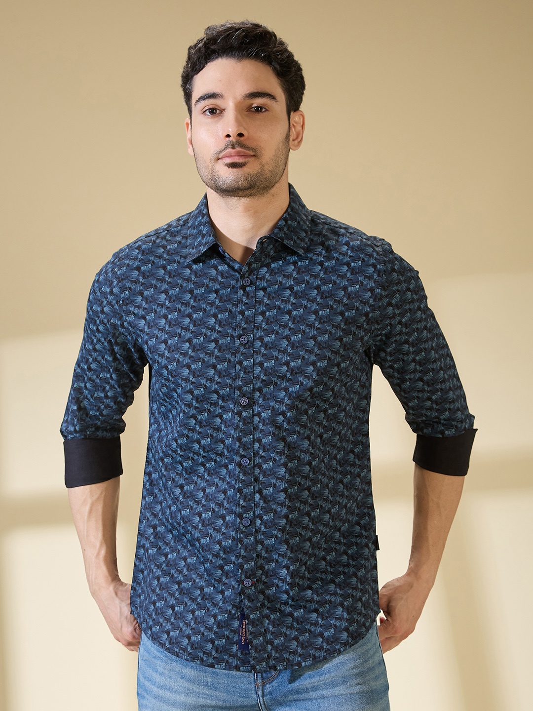 

Being Human Pure Cotton Slim Fit Opaque Printed Casual Shirt, Navy blue