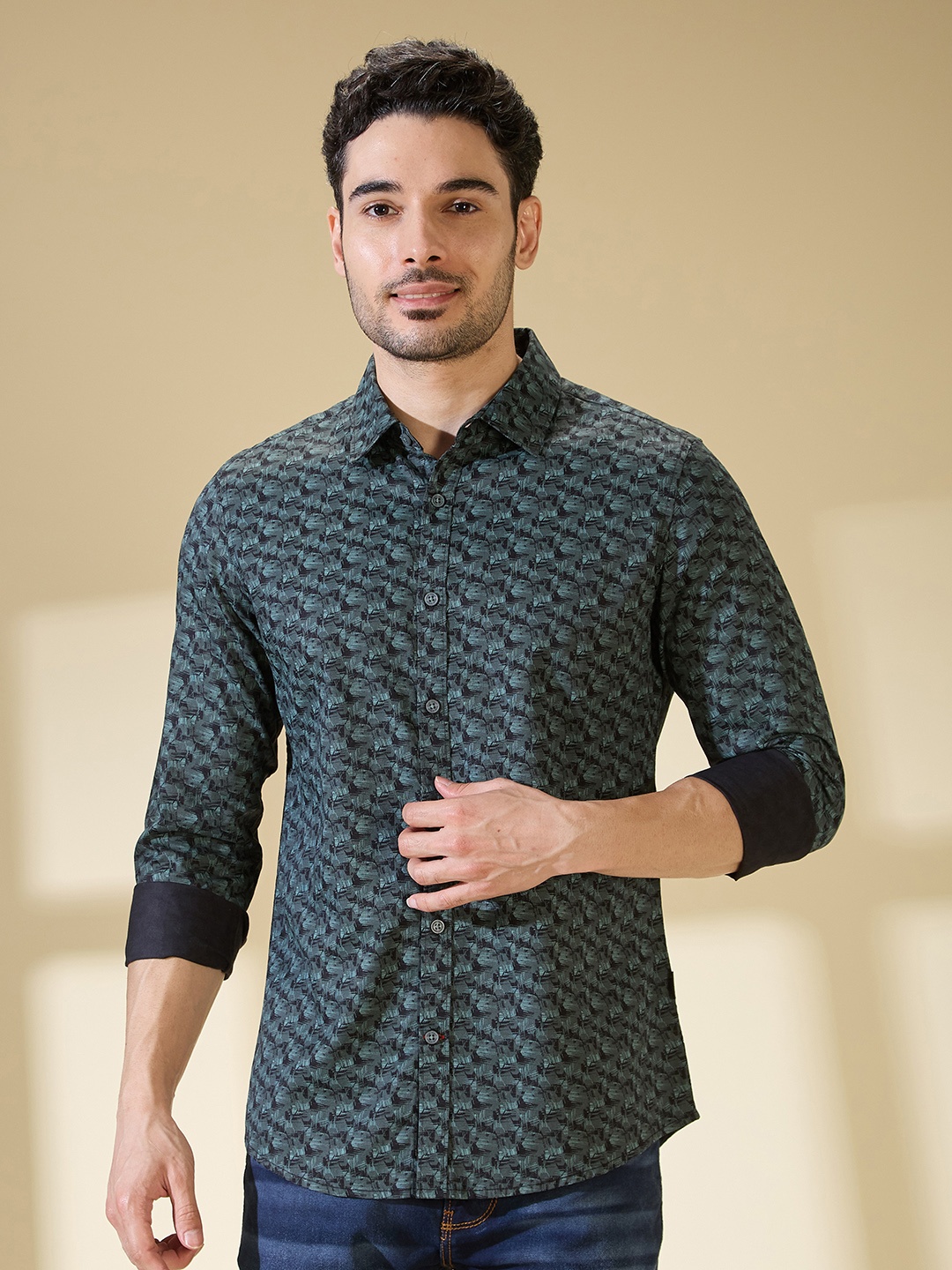

Being Human Men Classic Slim Fit Abstract Printed Casual Shirt, Olive