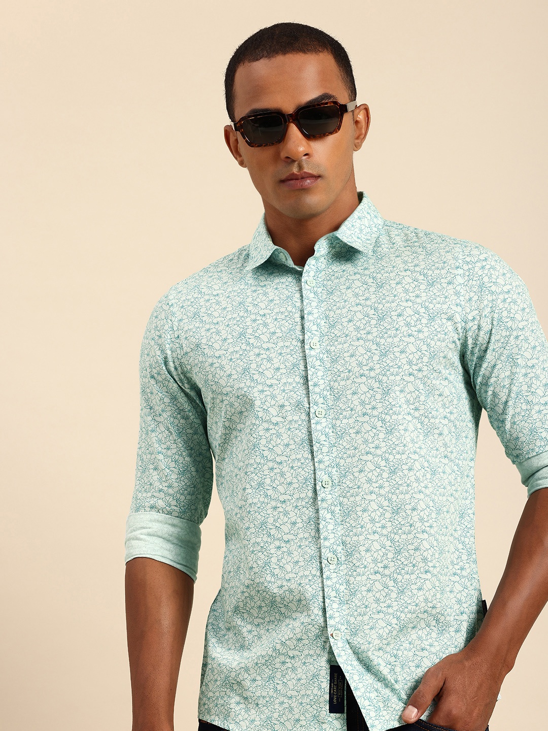 

Being Human Pure Cotton Slim Fit Floral Opaque Printed Casual Shirt, Green