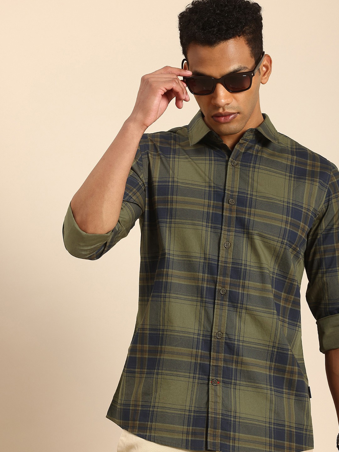 

Being Human Slim Fit Checked Pure Cotton Casual Shirt, Olive