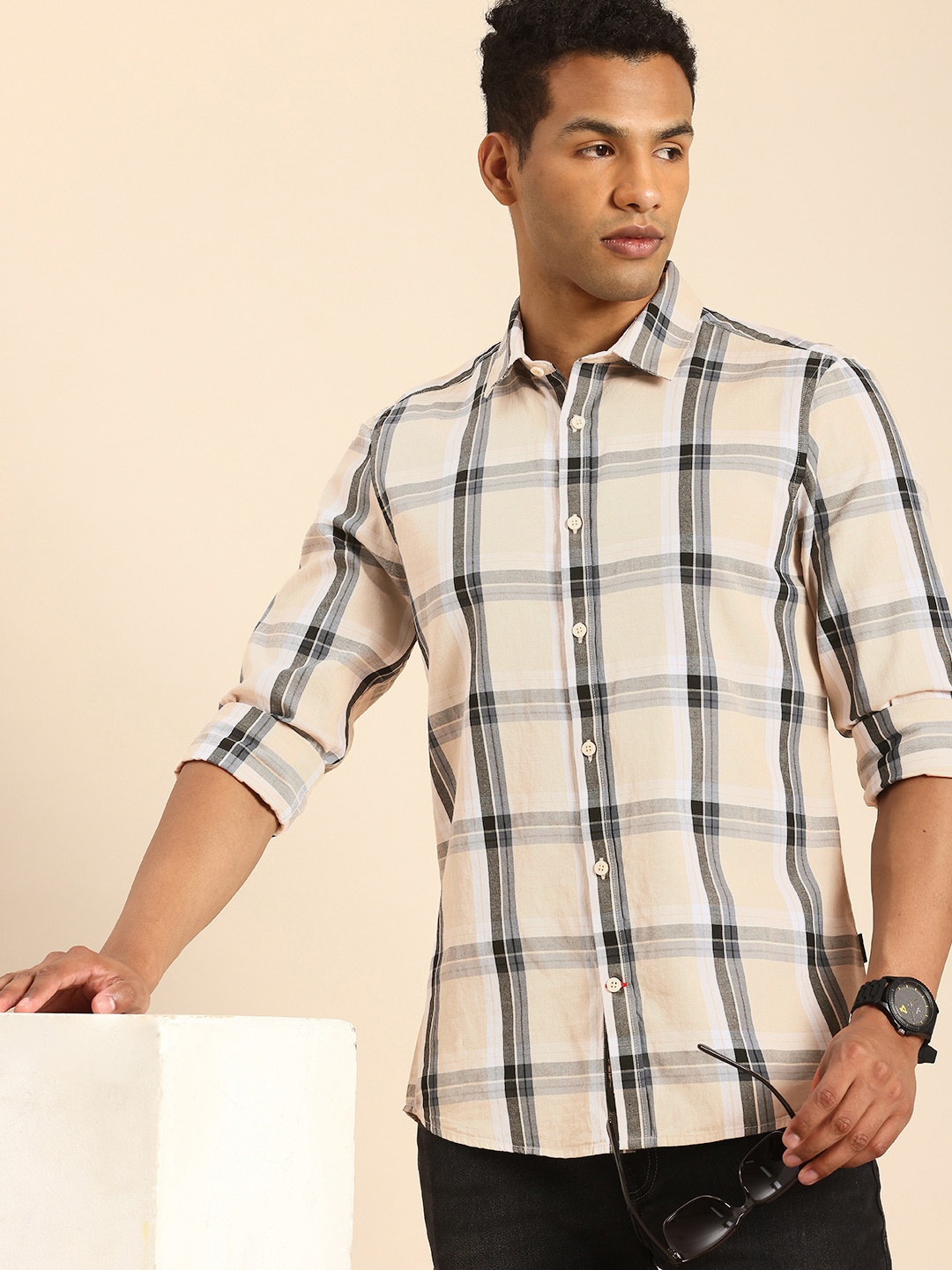 

Being Human Pure Cotton Slim Fit Checked Casual Shirt, Beige
