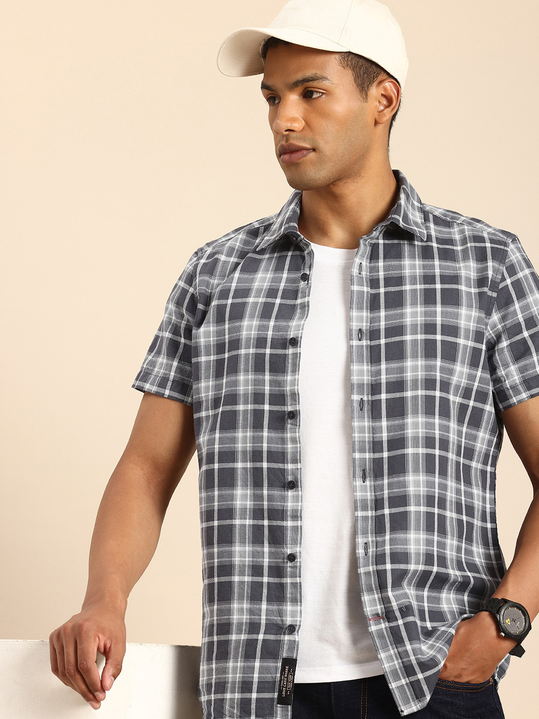 

Being Human Slim Fit Checked Pure Cotton Casual Shirt, Grey