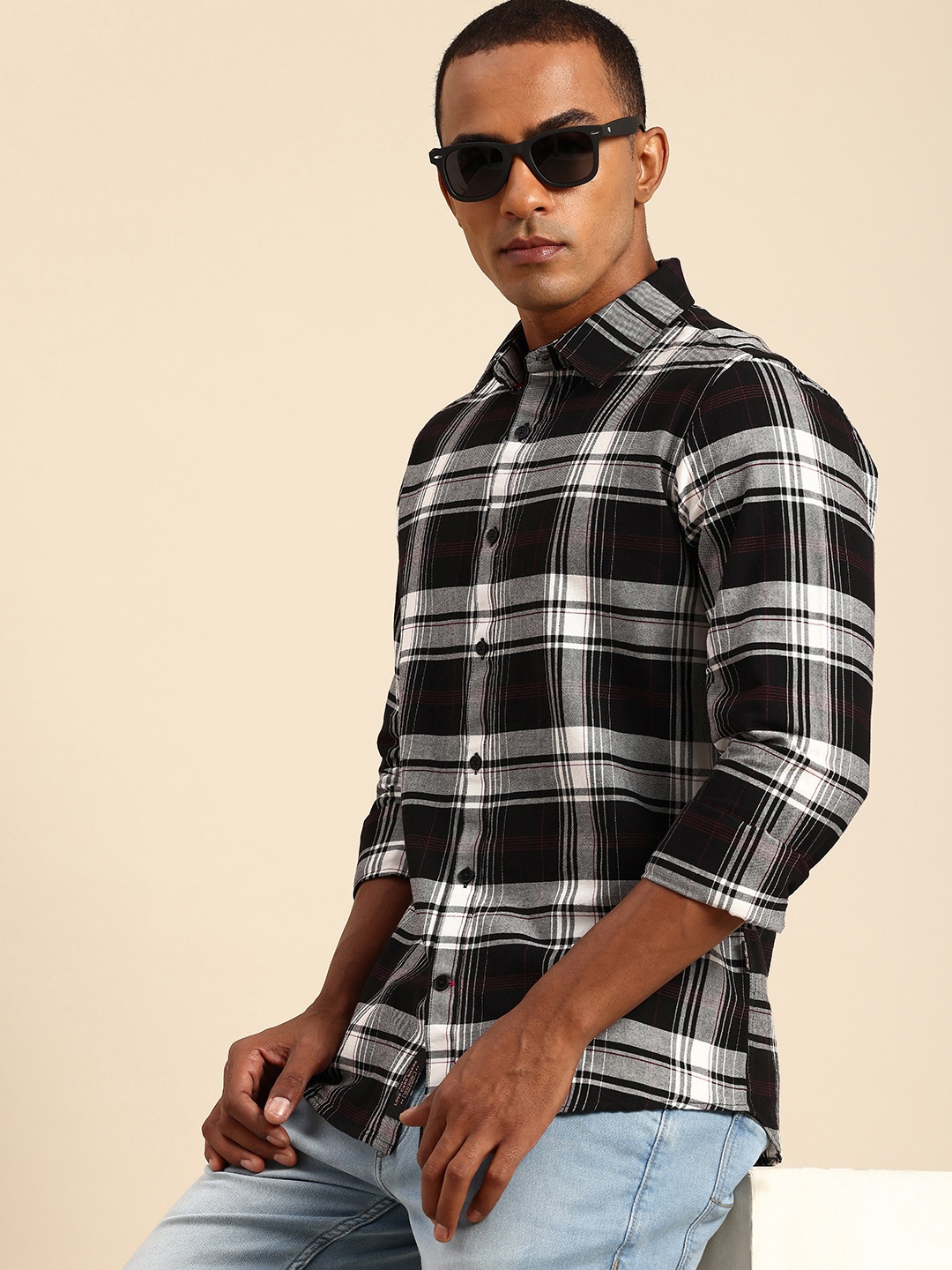 

Being Human Slim Fit Opaque Pure Cotton Checked Casual Shirt, Black