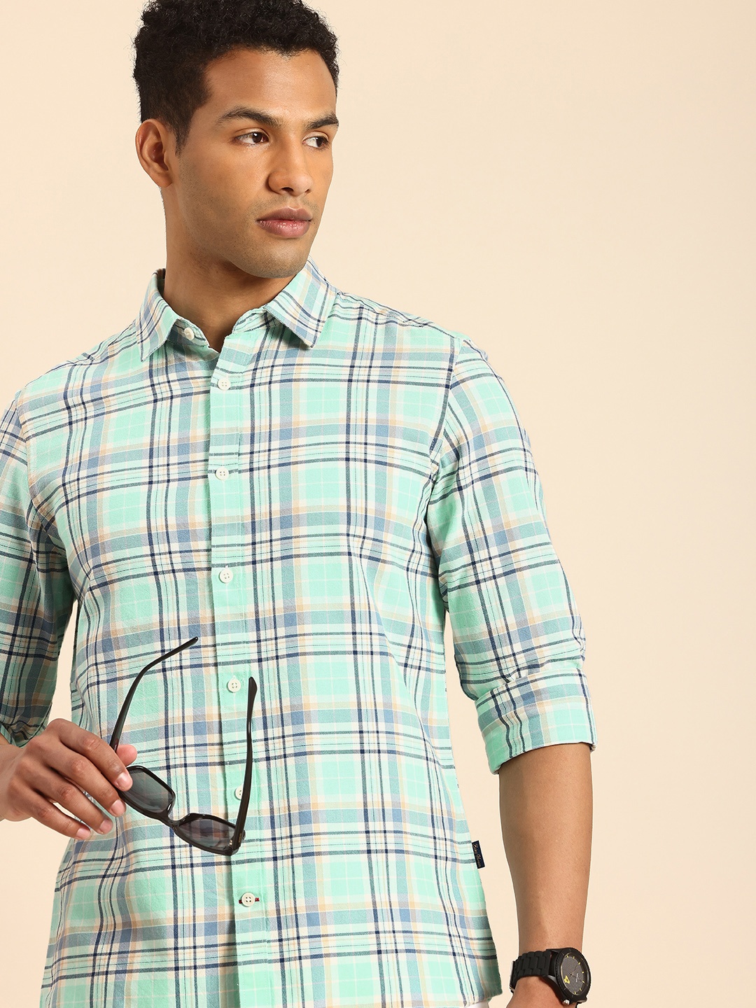 

Being Human Slim Fit Checked Pure Cotton Casual Shirt, Turquoise blue