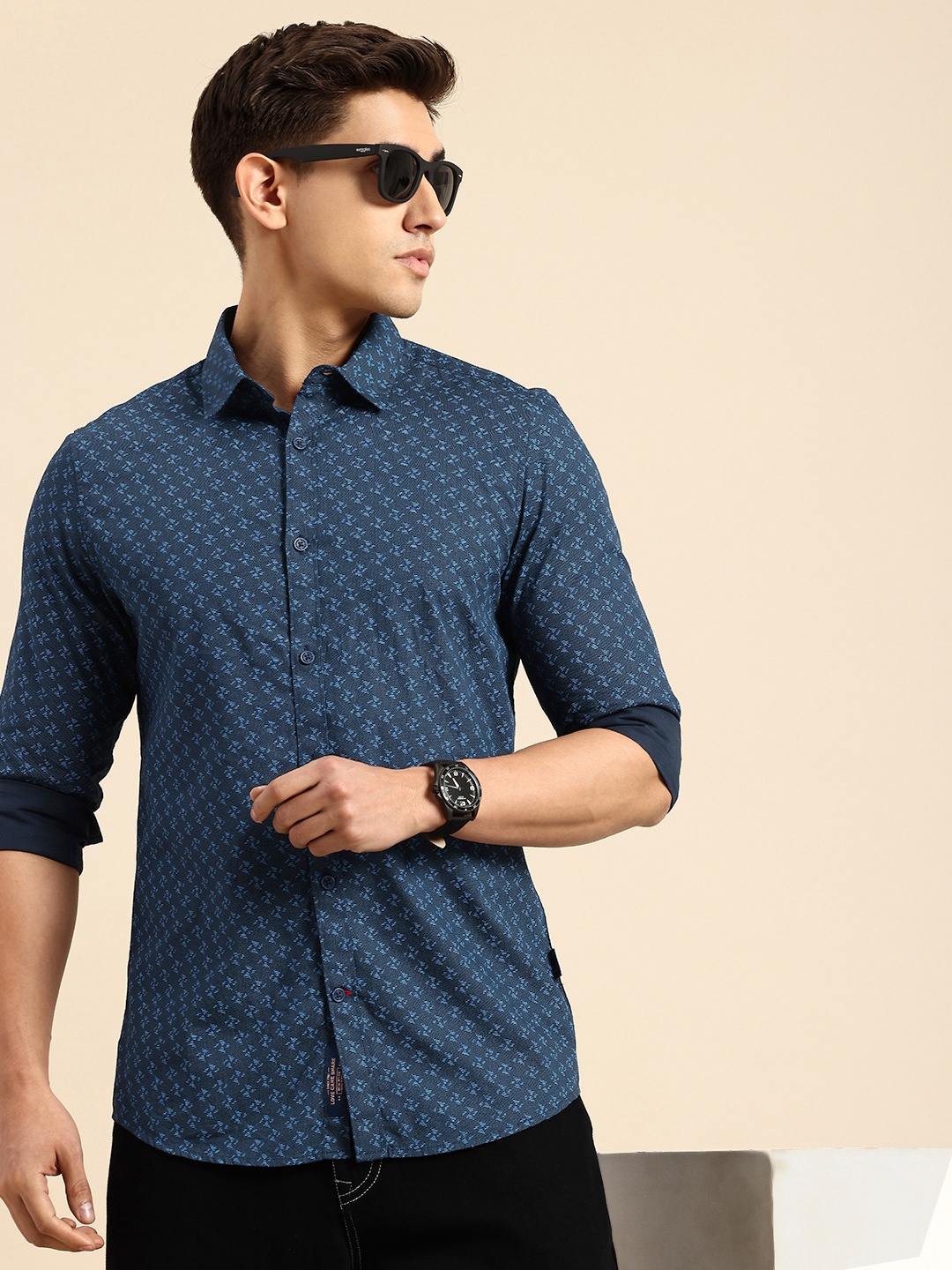 

Being Human Pure Cotton Slim Fit Opaque Printed Casual Shirt, Navy blue