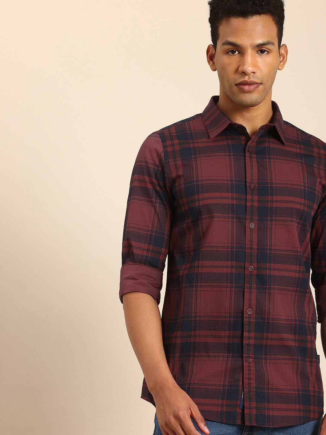 

Being Human Pure Cotton Slim Fit Checked Casual Shirt, Maroon