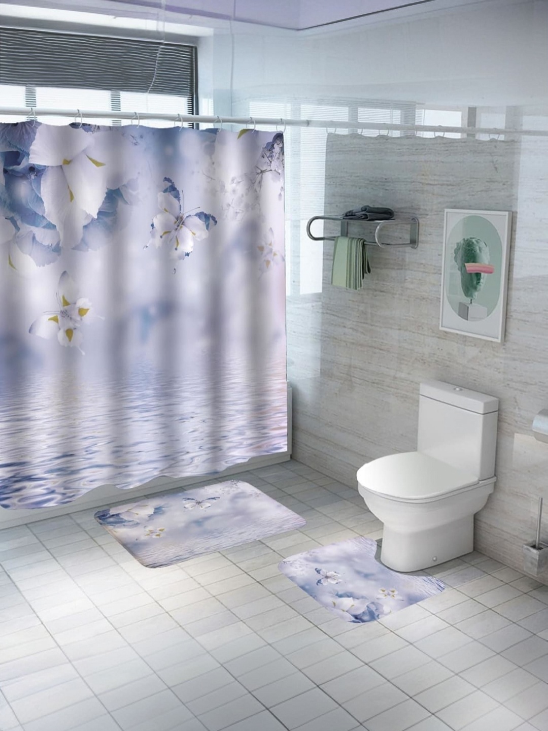 

Savya Home Blue & White 3 Pcs Printed Shower Curtain & Bathroom Mat