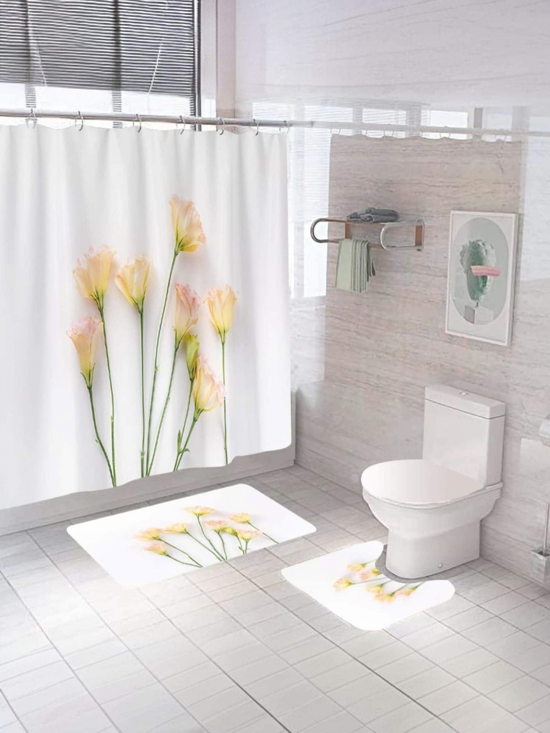 

Savya Home Yellow & White 3-Pcs Floral Printed Shower Curtain & Bathroom Mat