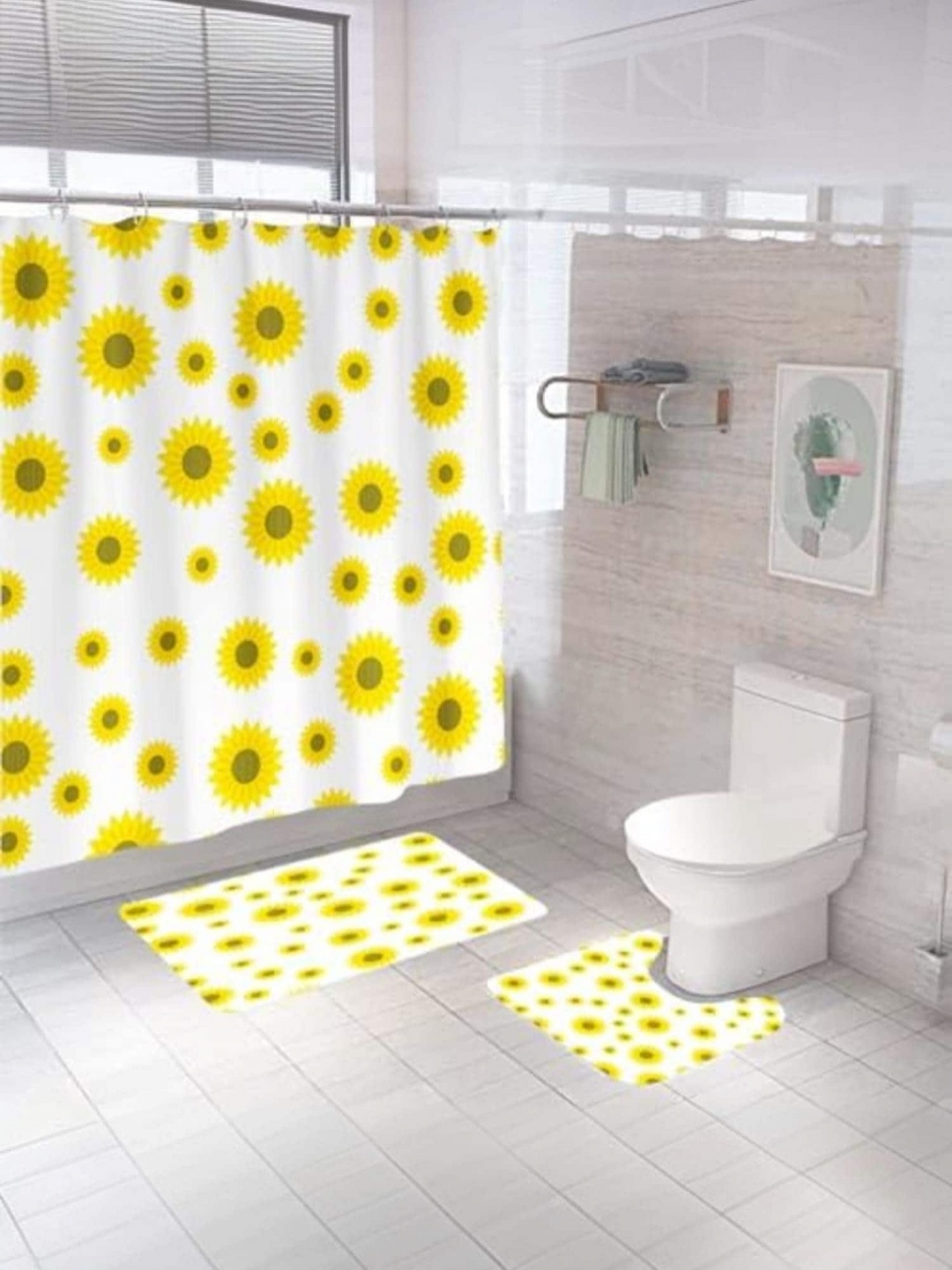 

Savya Home Yellow & White 3 Pcs Floral Printed Shower Curtain & Bathroom Mat