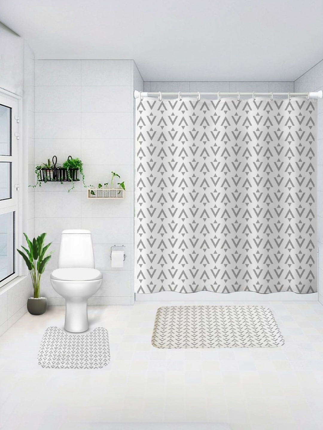 

Savya Home Grey & White 3 Pcs Printed Shower Curtain & Bathroom Mat