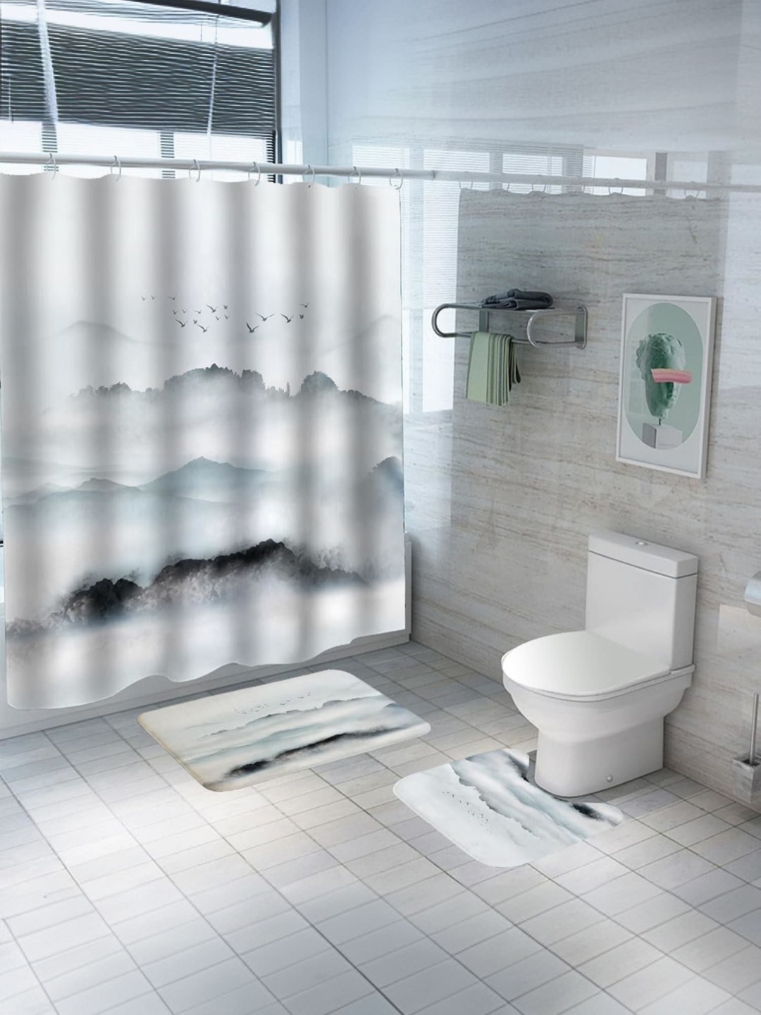

Savya Home Grey & White 3 Pcs Printed Shower Curtain & Bathroom Mat