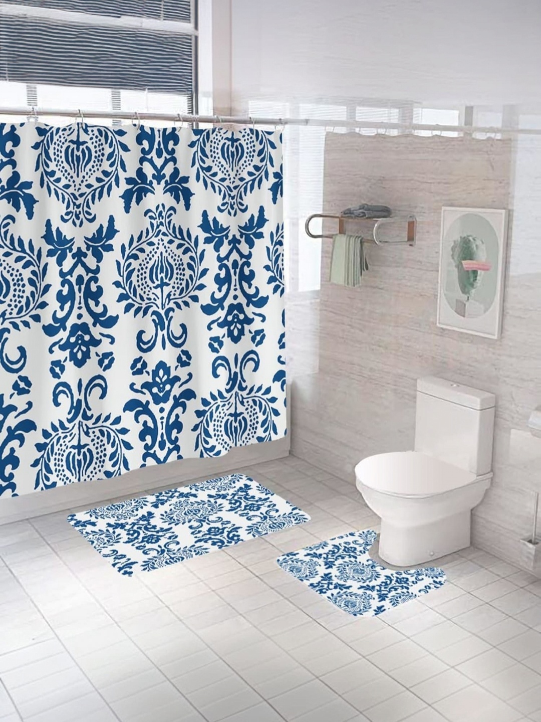 

Savya Home Blue & White 3-Pcs Printed Shower Curtain & Bathroom Mat