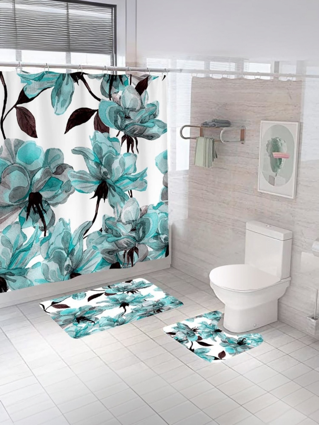 

Savya Home Green & White 3-Pcs Printed Shower Curtain & Bathroom Mat
