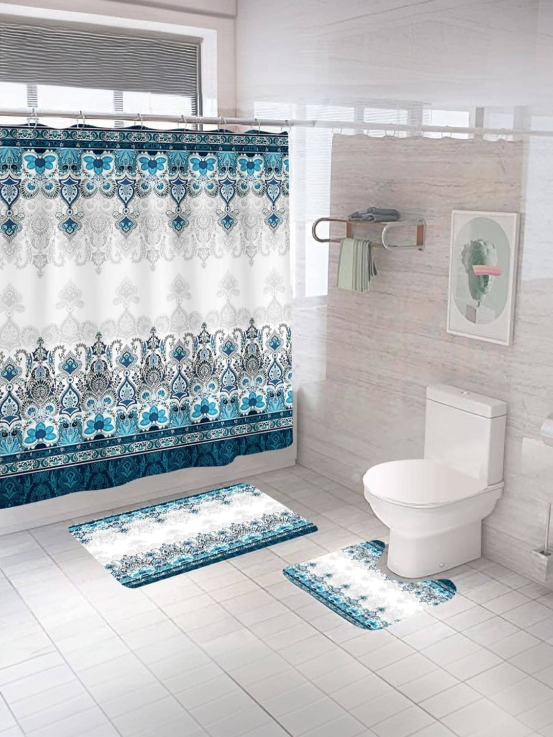 

Savya Home Blue & White 3 Pcs Printed Shower Curtain & Bathroom Mat