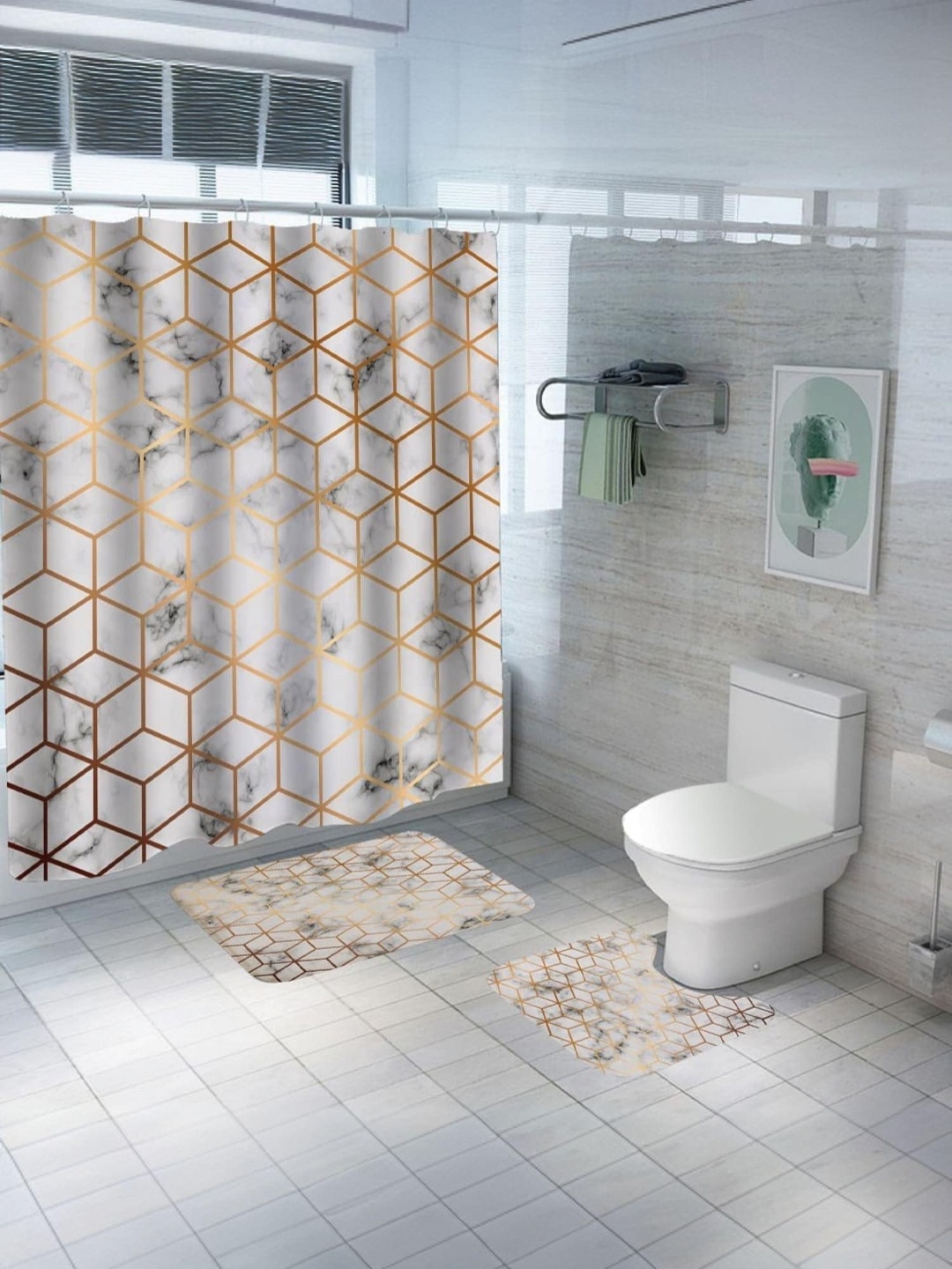 

Savya Home Yellow & White 3 Pcs Printed Shower Curtain & Bathroom Mat, Gold