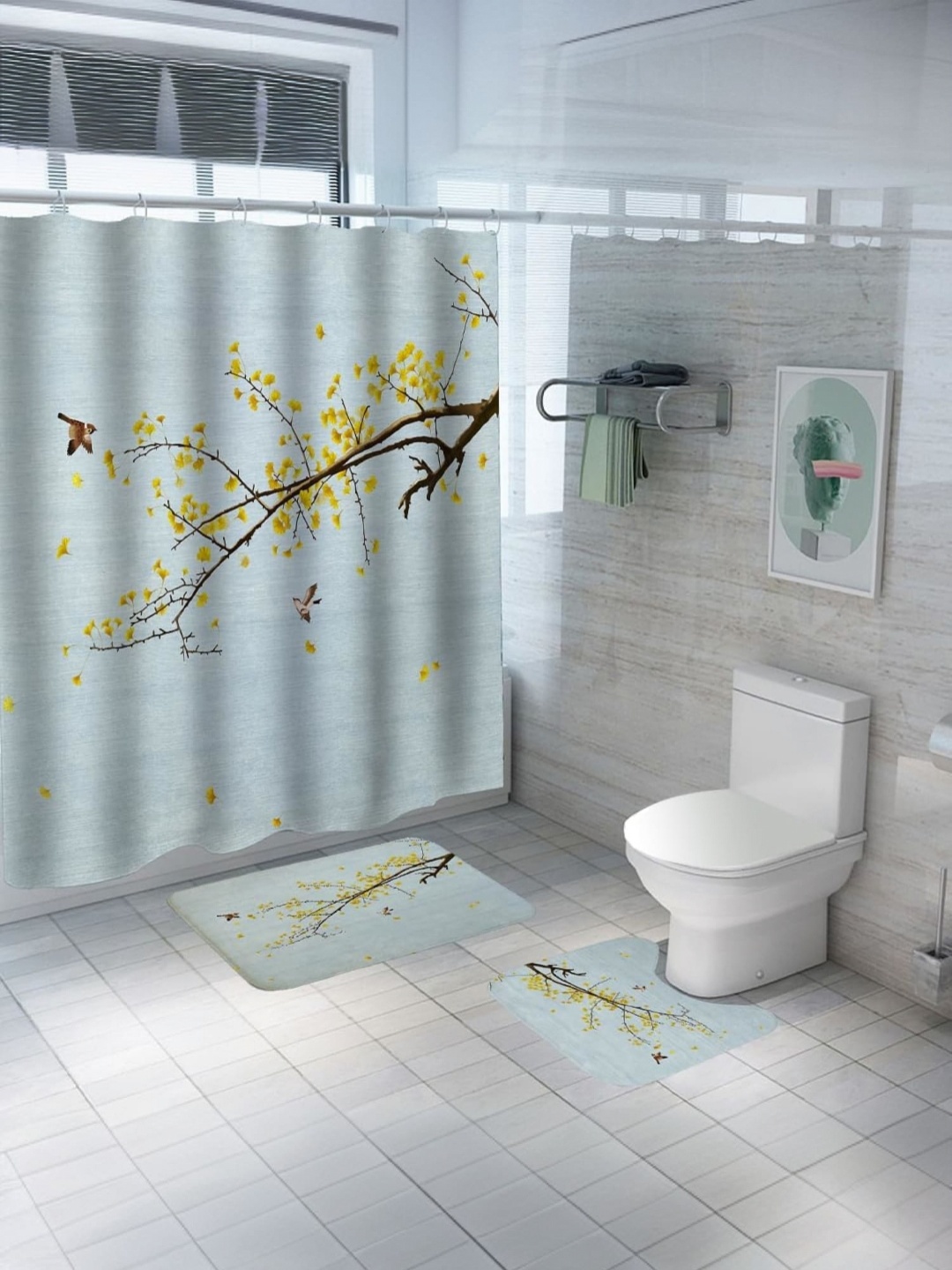 

Savya Home Set Of 3 Yellow & Grey Floral Printed Sheer Long Door Curtain