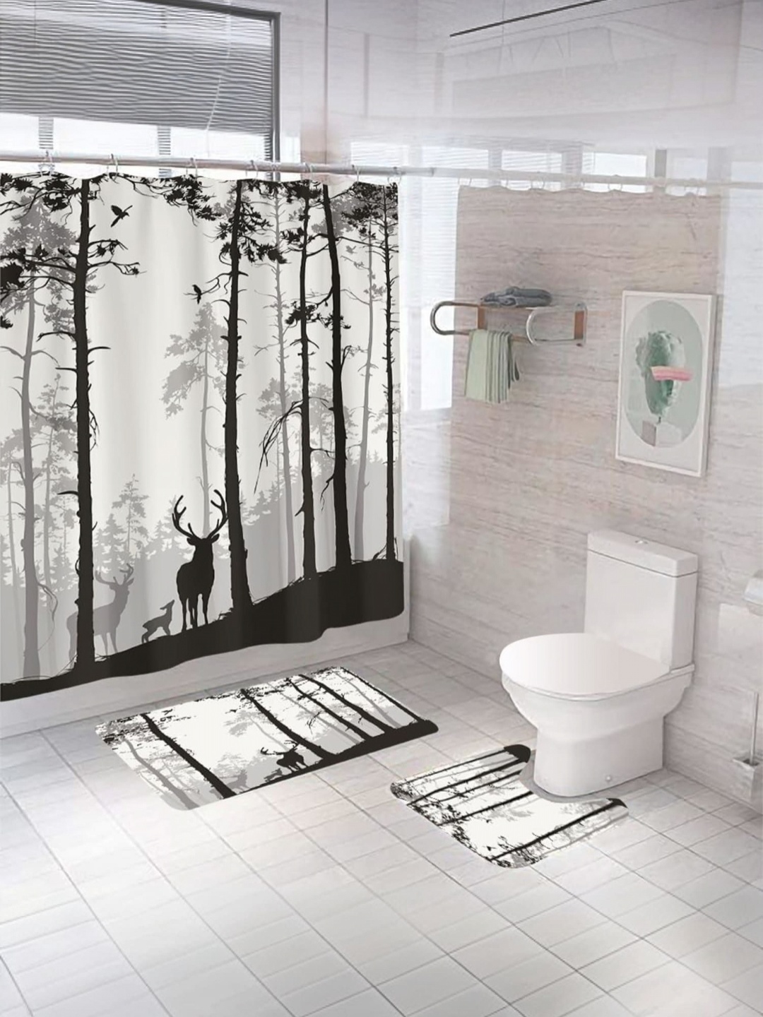 

Savya Home Black & White 3 Pcs Printed Shower Curtain & Bathroom Mat, Grey