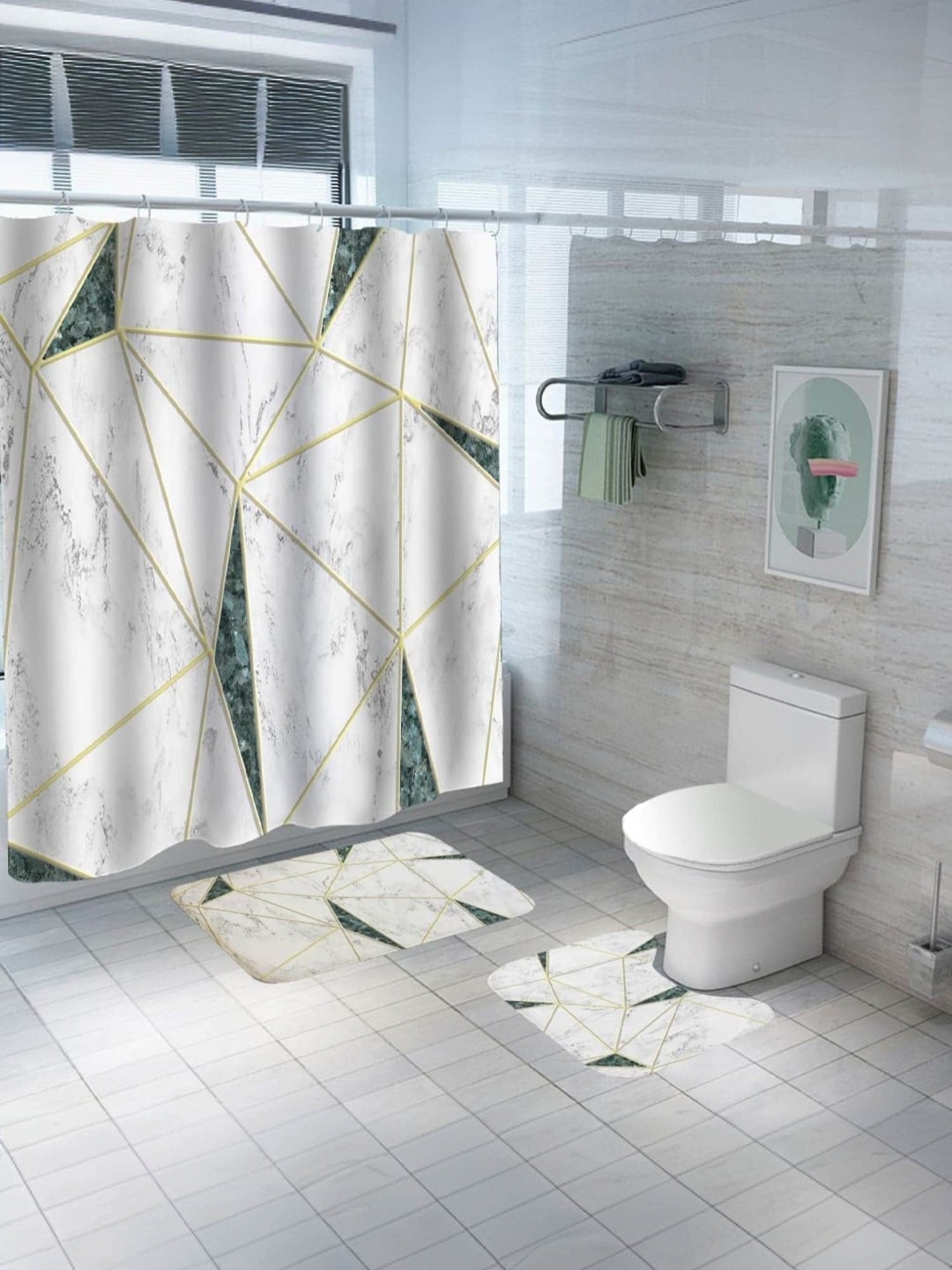 

Savya Home Grey & Yellow 3-Pcs Printed Shower Curtain & Bathroom Mat