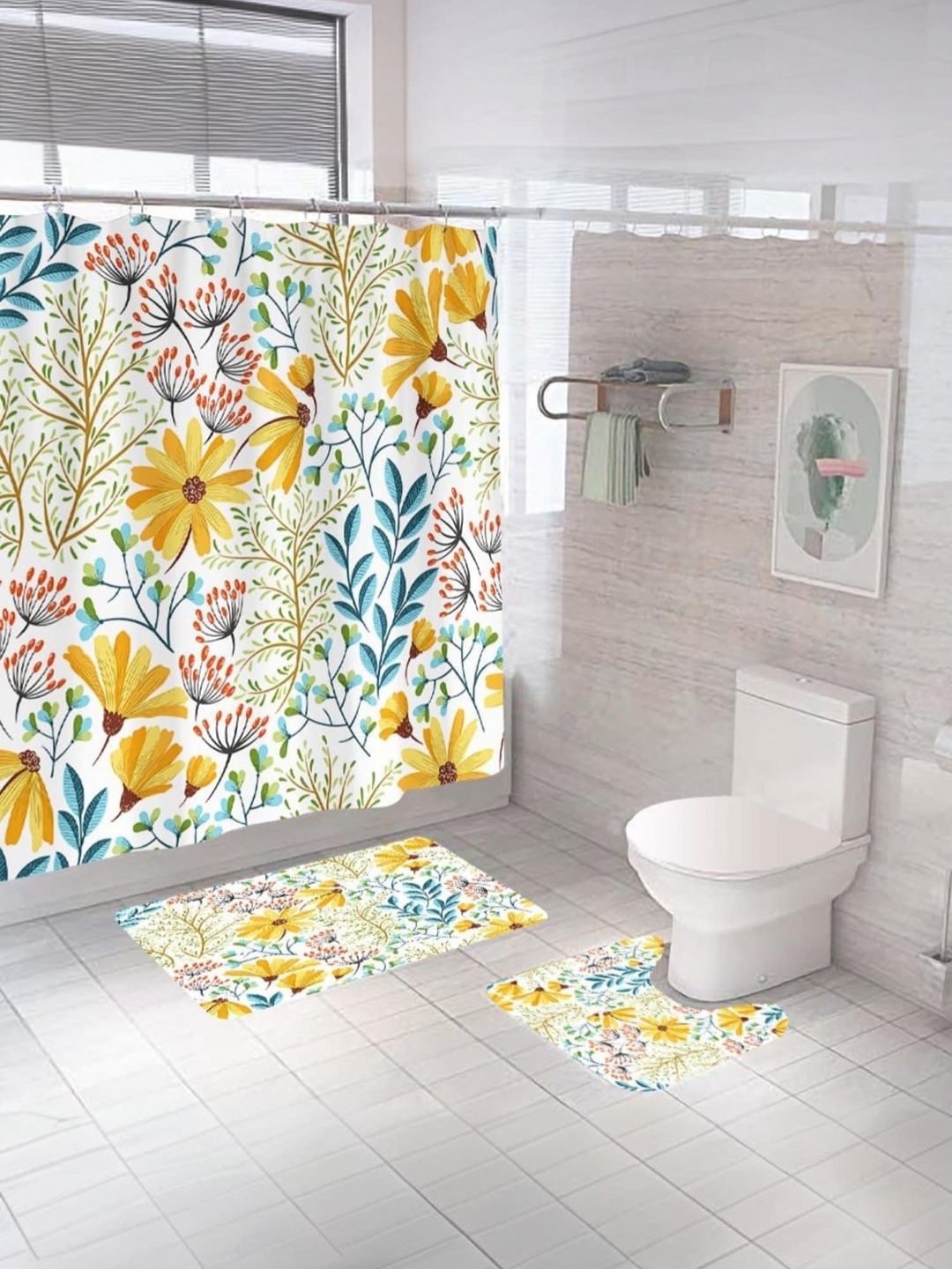 

Savya Home 3-Pcs Yellow & White Printed Shower Curtain & Bathmat Set