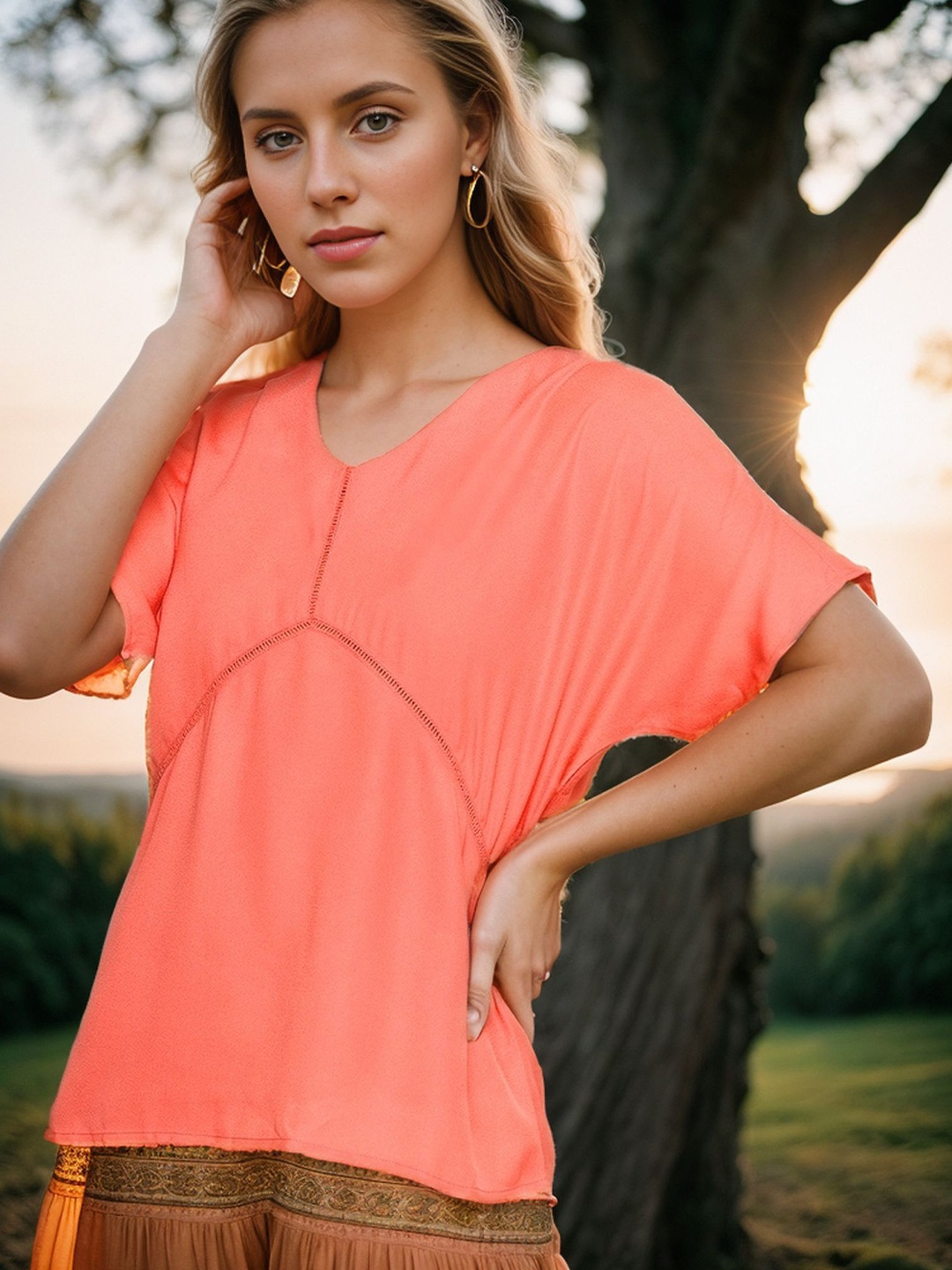 

RARE Extended Sleeves Crepe Top, Coral