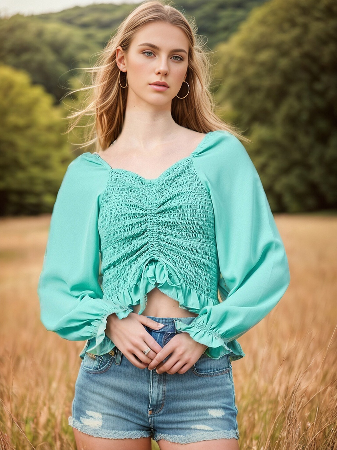 

RARE Sweetheart Neck Georgette Crop Top, Turquoise blue