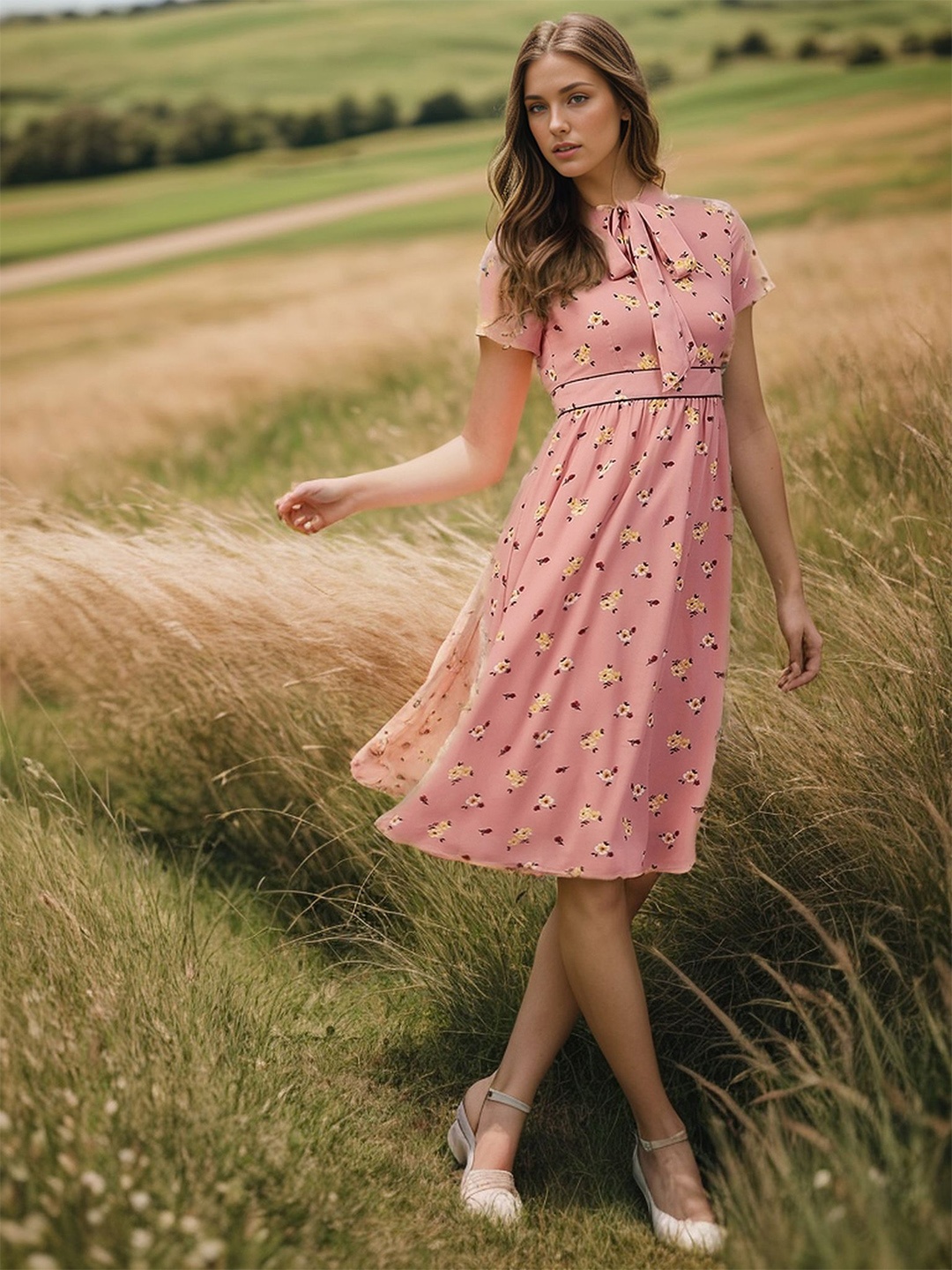 

RARE Floral Print Tie-Up Neck Georgette Fit & Flare Dress, Pink