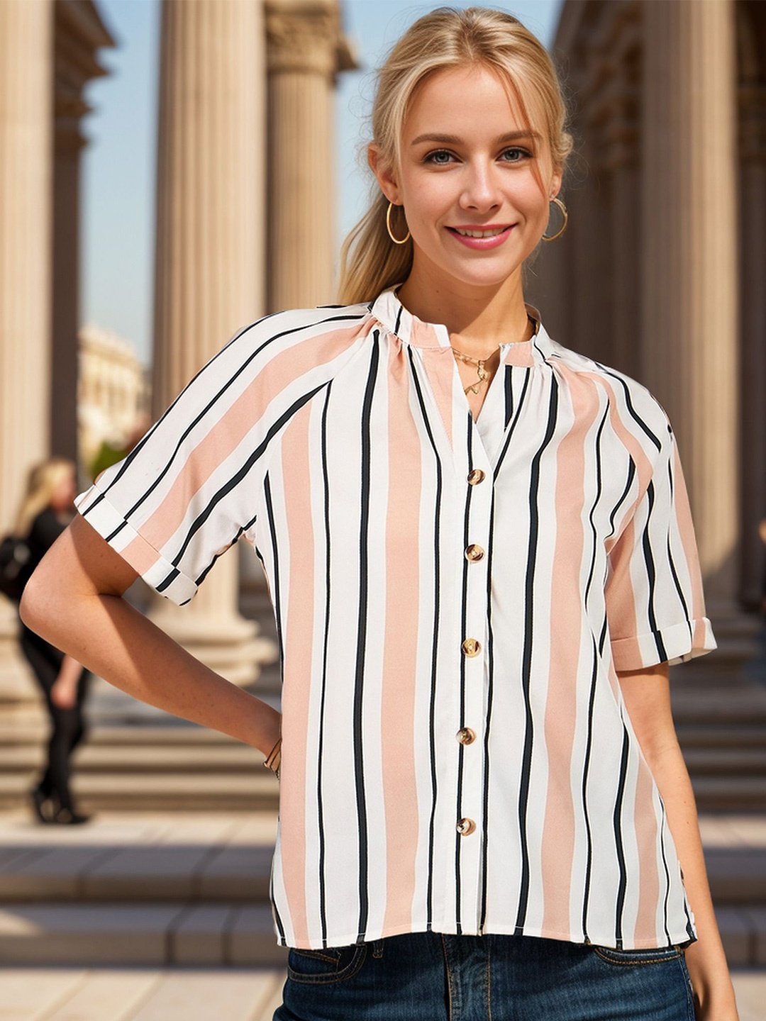 

RARE Striped Mandarin Collar Shirt Style Top, Multi