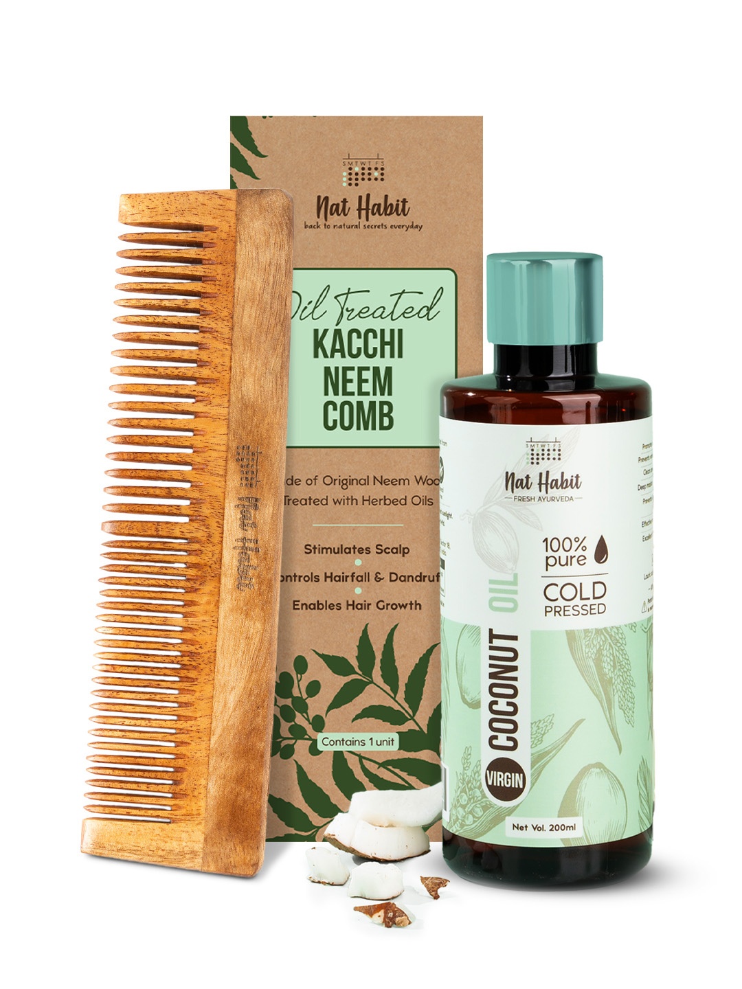 

Nat Habit Kacchi Neem Wood Comb & Pure Cold Pressed Virgin Coconut Oil 200ml, Multi