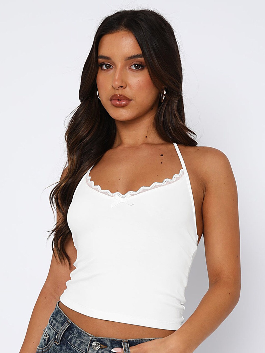 

LULU & SKY Women White Open-back Halter Crop Top