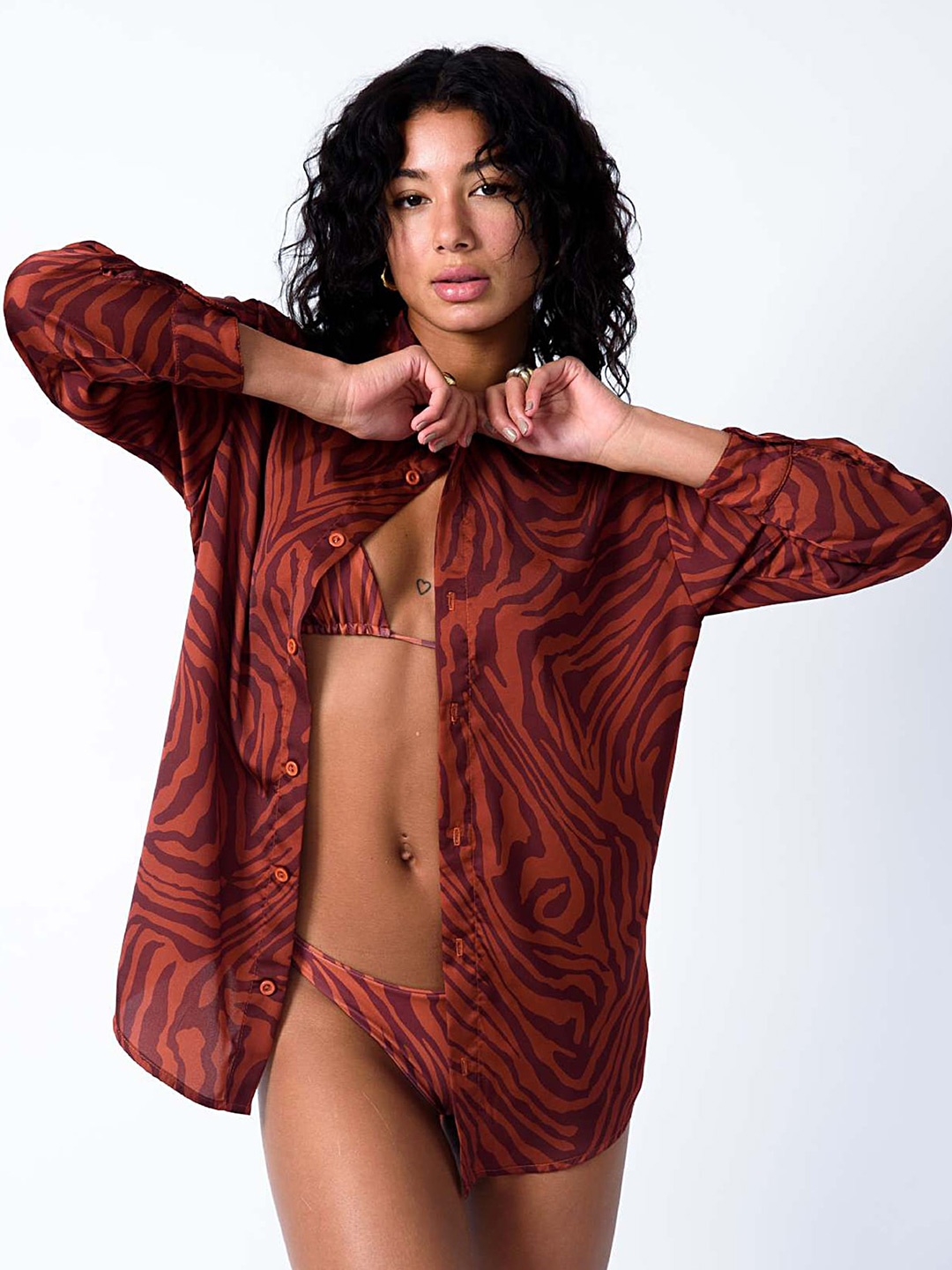 

LULU & SKY Women Animal Print Loose Fitted Cotton Styled Back Shirt Top, Brown
