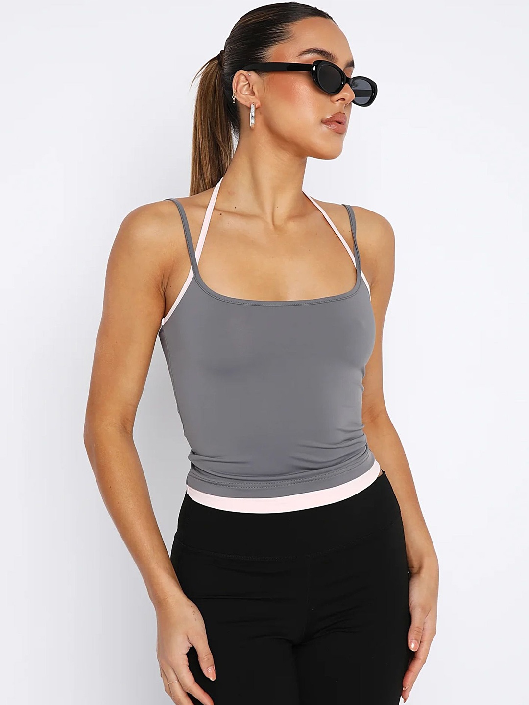 

LULU & SKY Women Solid Grey Crop Top