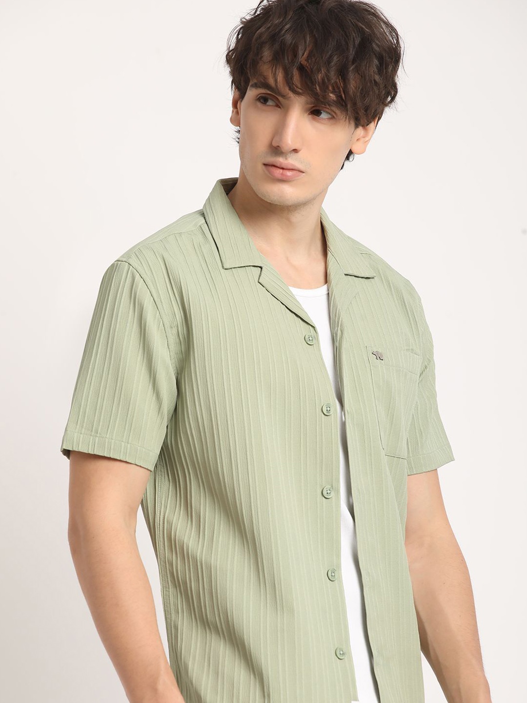 

THE BEAR HOUSE Men Striped Regular Fit Cuban Collar Casual Shirt, Green