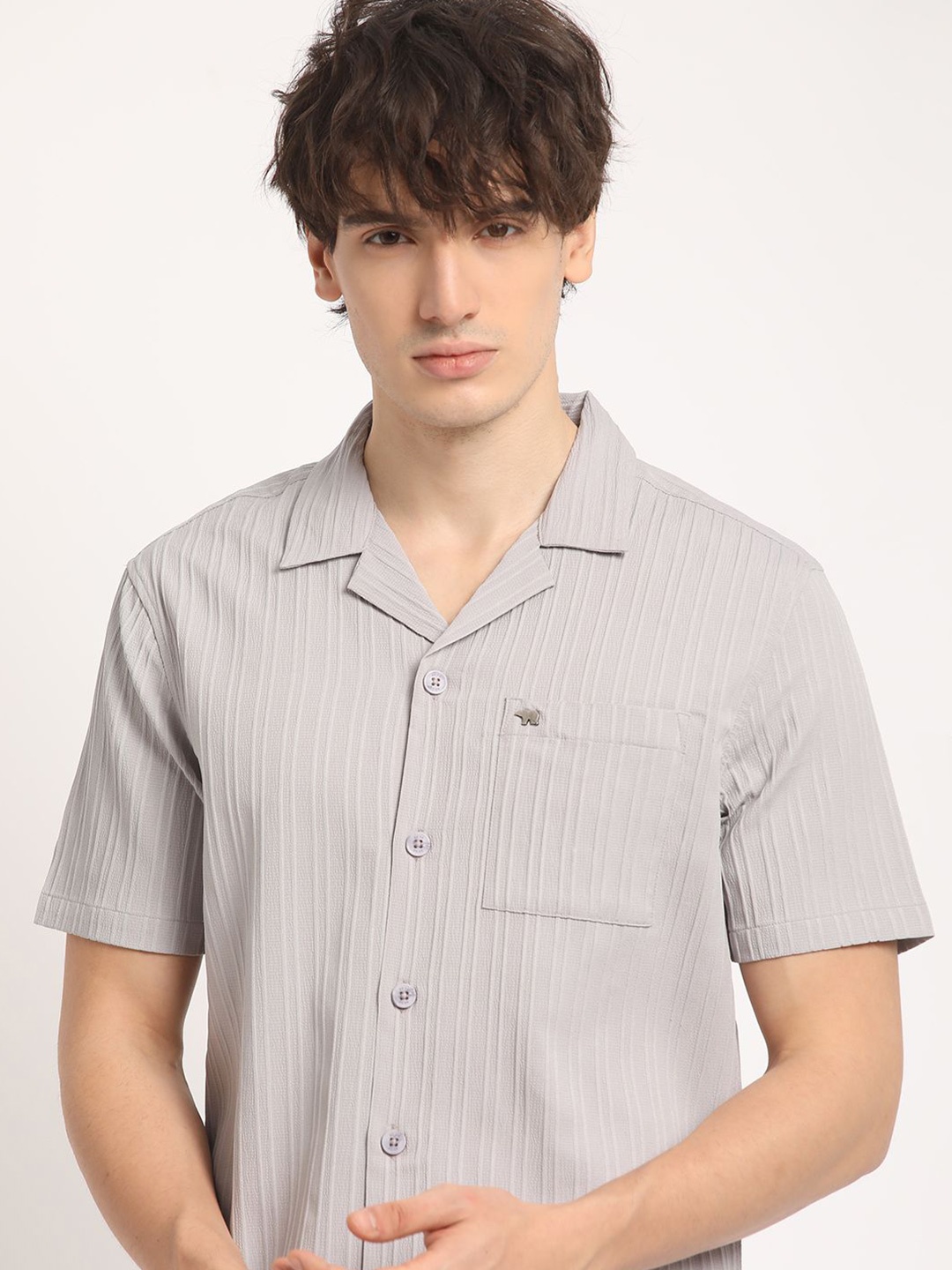 

THE BEAR HOUSE Men Striped Regular Fit Cuban Collar Casual Shirt, Grey