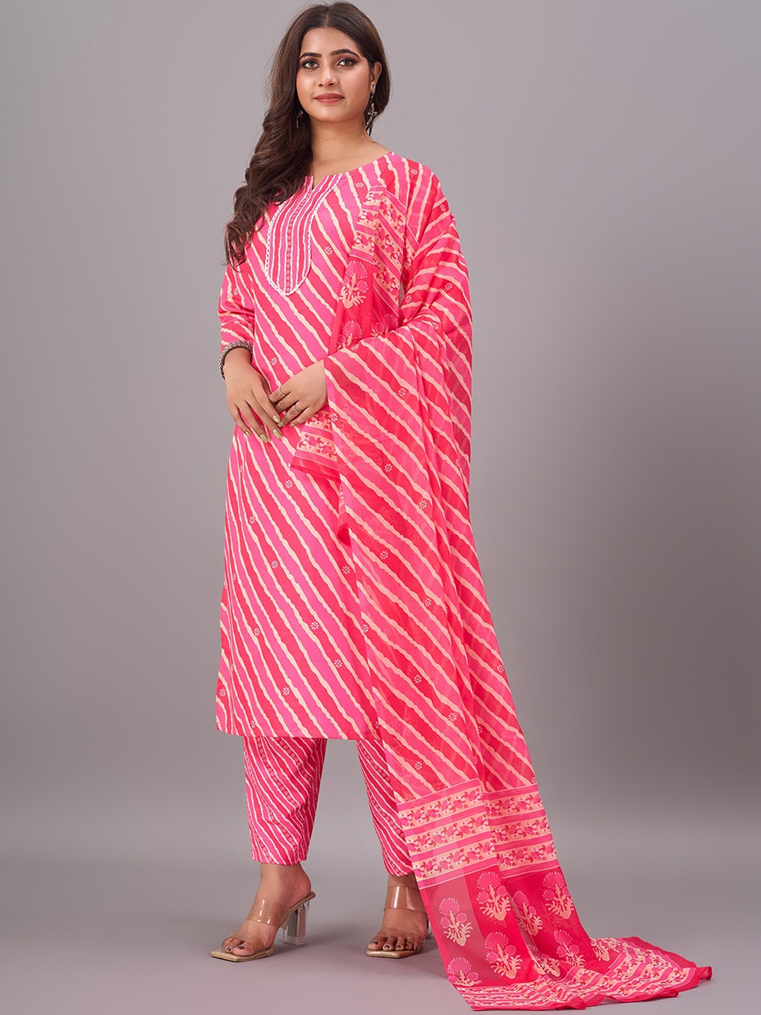 

GORGONE Women Striped Regular Kurta Trousers Dupatta, Pink