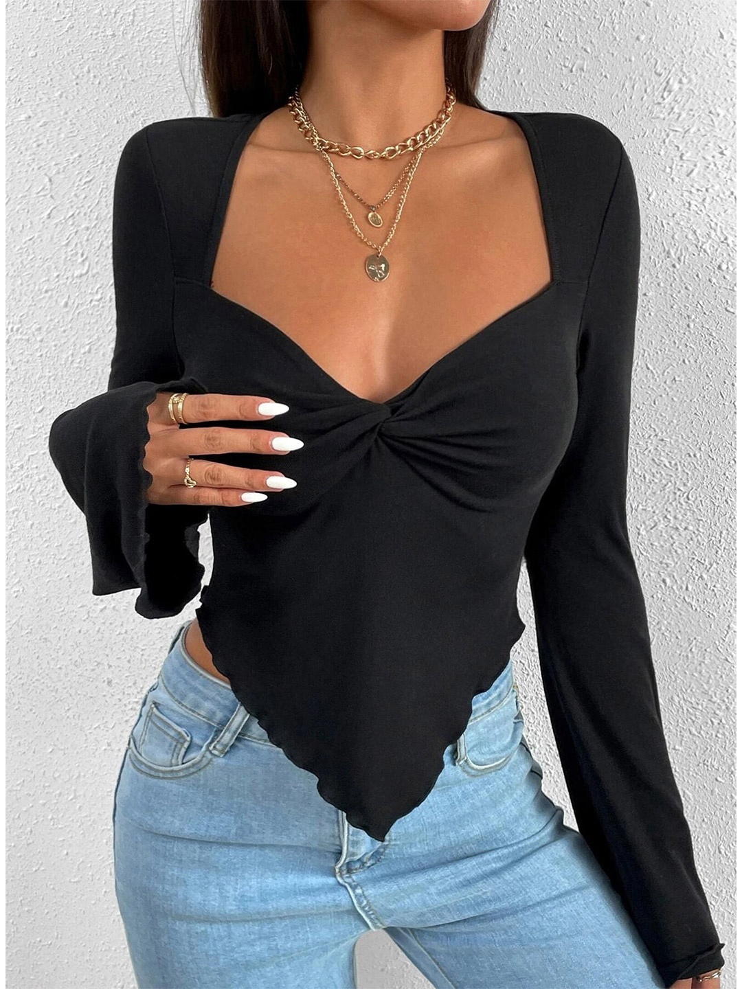 

StyleCast Solid V-Neck Georgette Long Sleeves Top, Black