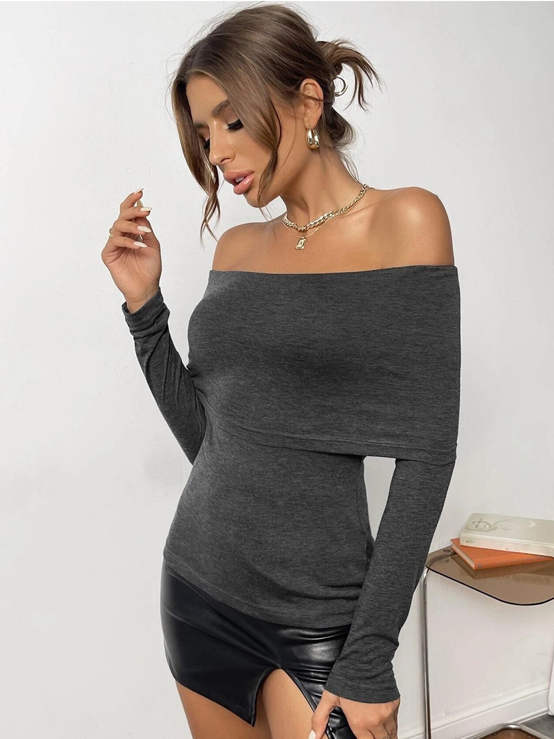 

StyleCast Women Off-Shoulder Georgette Bardot Top, Grey