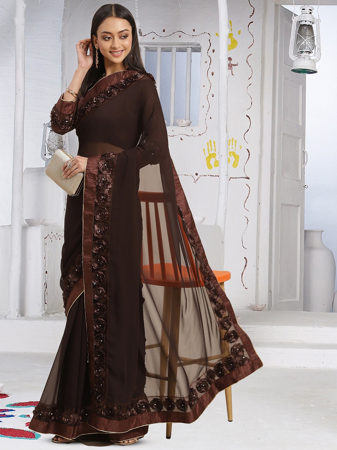 RAJGRANTH Embroidered Pure Georgette Saree With Blouse Piece, Brown