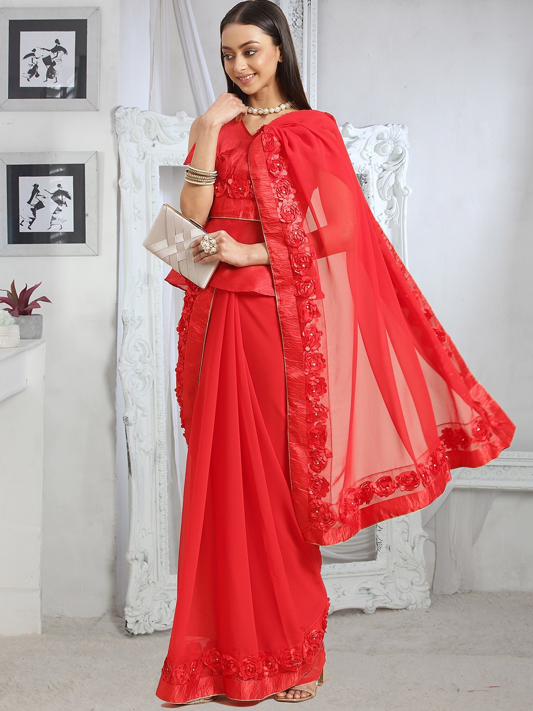 

RAJGRANTH Patchwork Pure Georgette Saree, Red