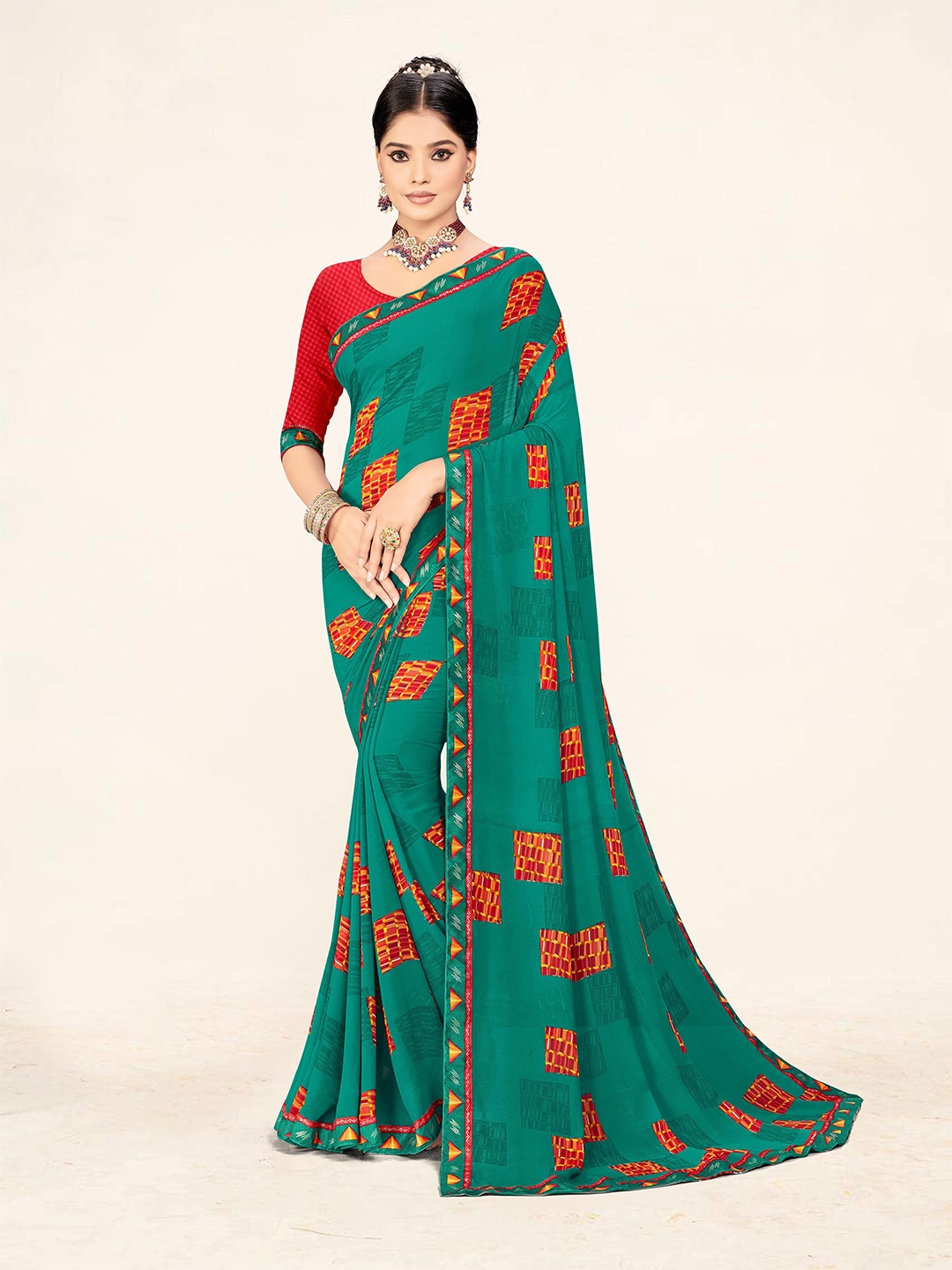 

TINA FASHION Printed Geometric Saree, Green