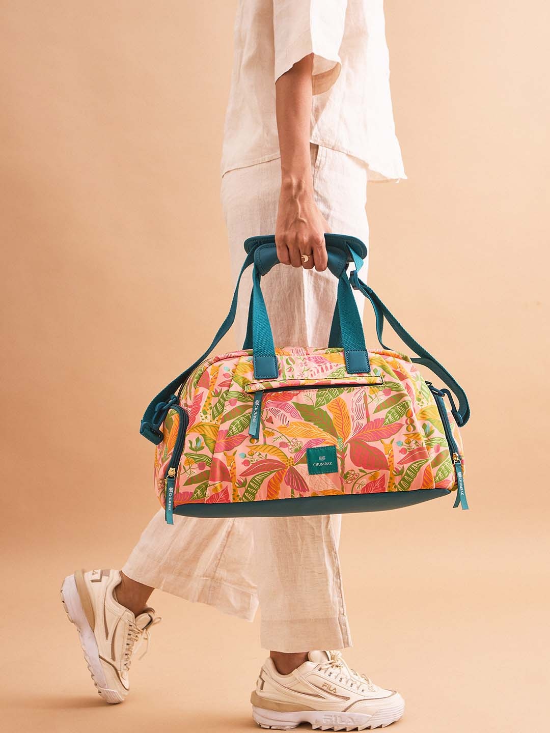 

Chumbak Tropical Printed Medium Casual Duffel Bag, Peach