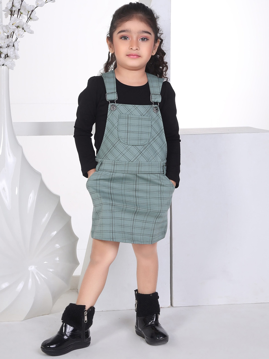 

Peppermint Girls Checked Pinafore Dress, Olive