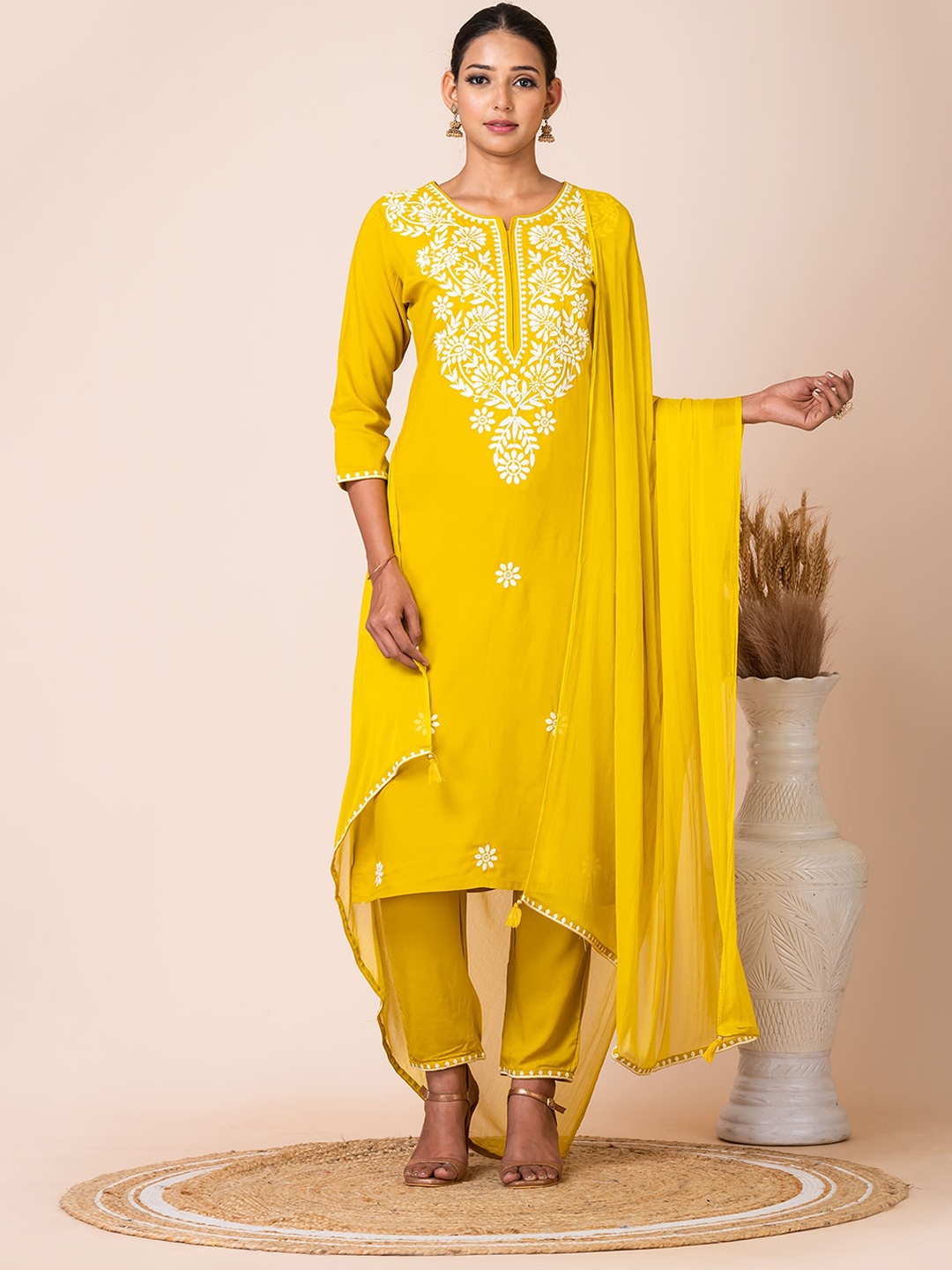 

SARSO Ethnic Motifs Embroidered Straight Kurta With Trousers & Dupatta, Yellow