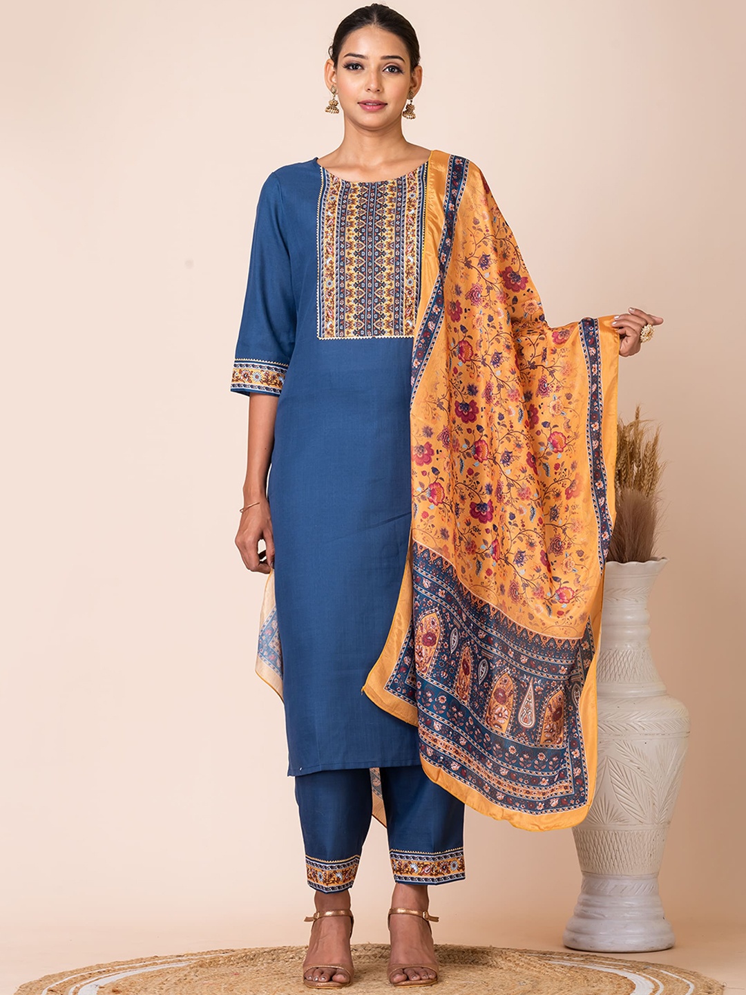 

SARSO Women Ethnic Motifs Yoke Design Regular Kurta with Trousers & With Dupatta, Blue