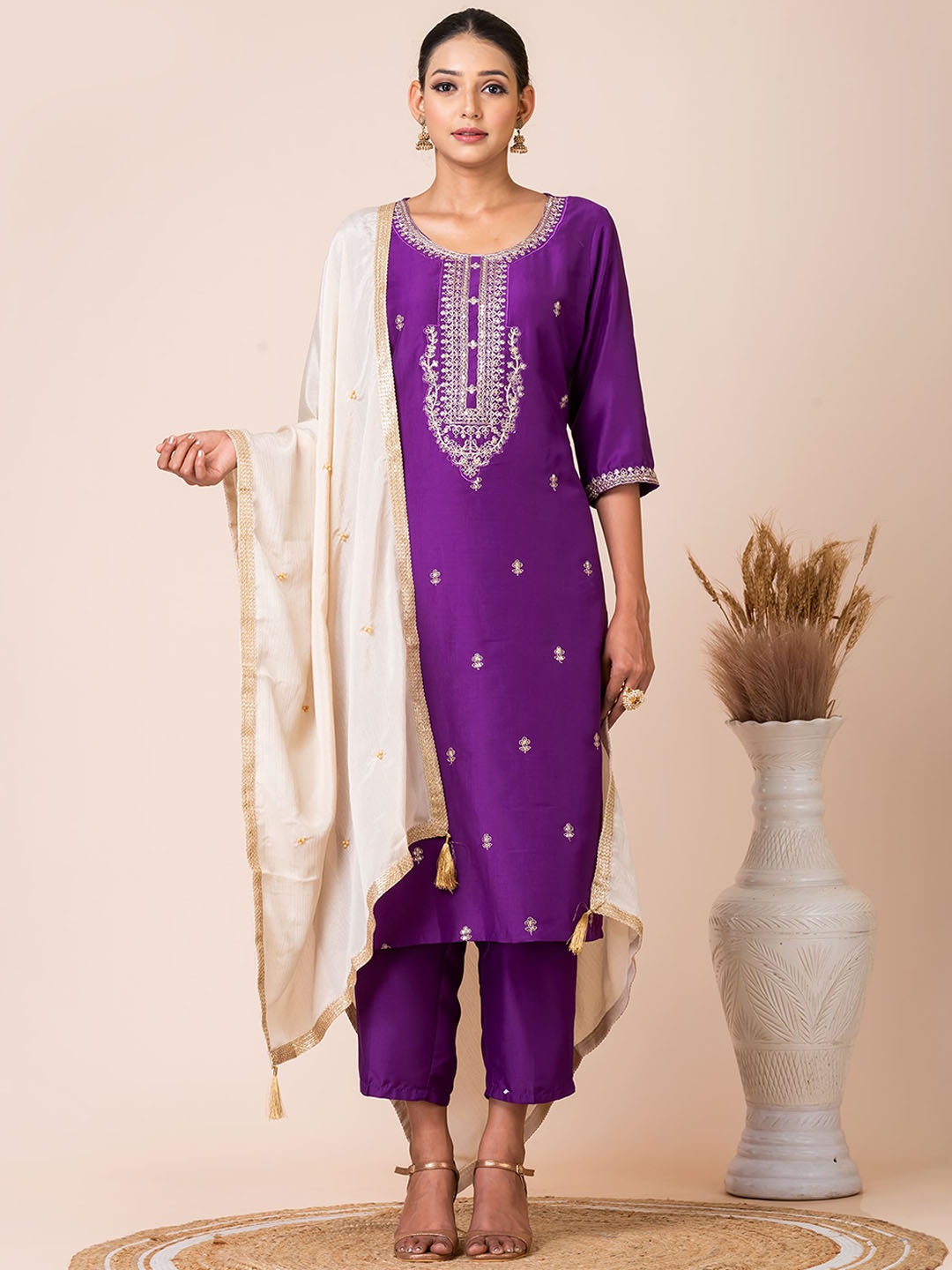 

SARSO Women Ethnic Motifs Embroidered Work Kurta with Trousers & With Dupatta, Purple