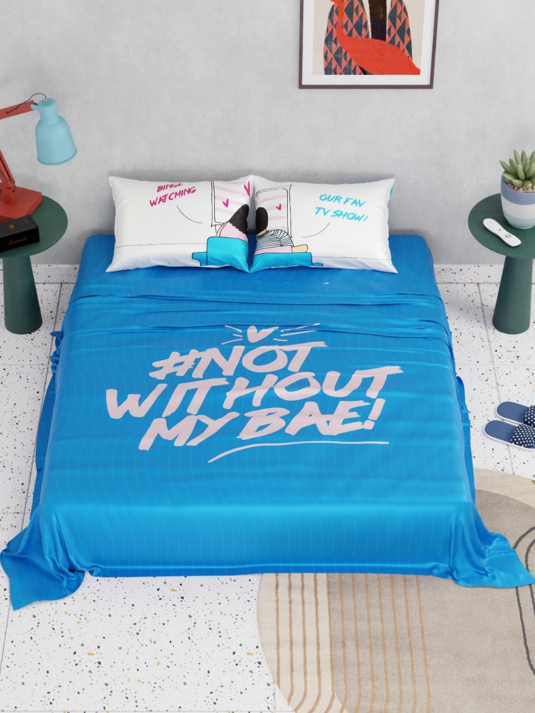 

QuirkLoom Binge Watching Printed Satin Double Bedsheet With 2 Pillow Covers, Blue