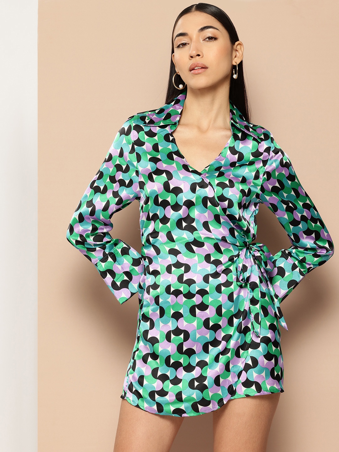 

Chemistry Print Satin Mini Wrap Dress, Multi