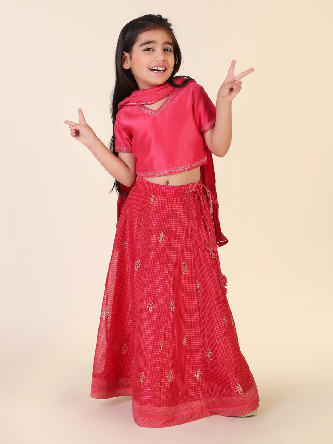 

Fabindia Girls Printed Ready to Wear Lehenga & Blouse With Dupatta, Pink