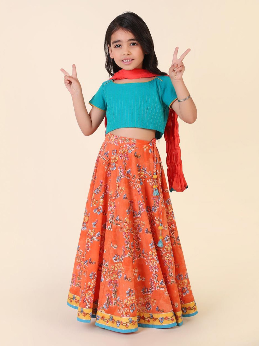 

Fabindia Girls Printed Ready to Wear Lehenga & Blouse With Dupatta, Orange