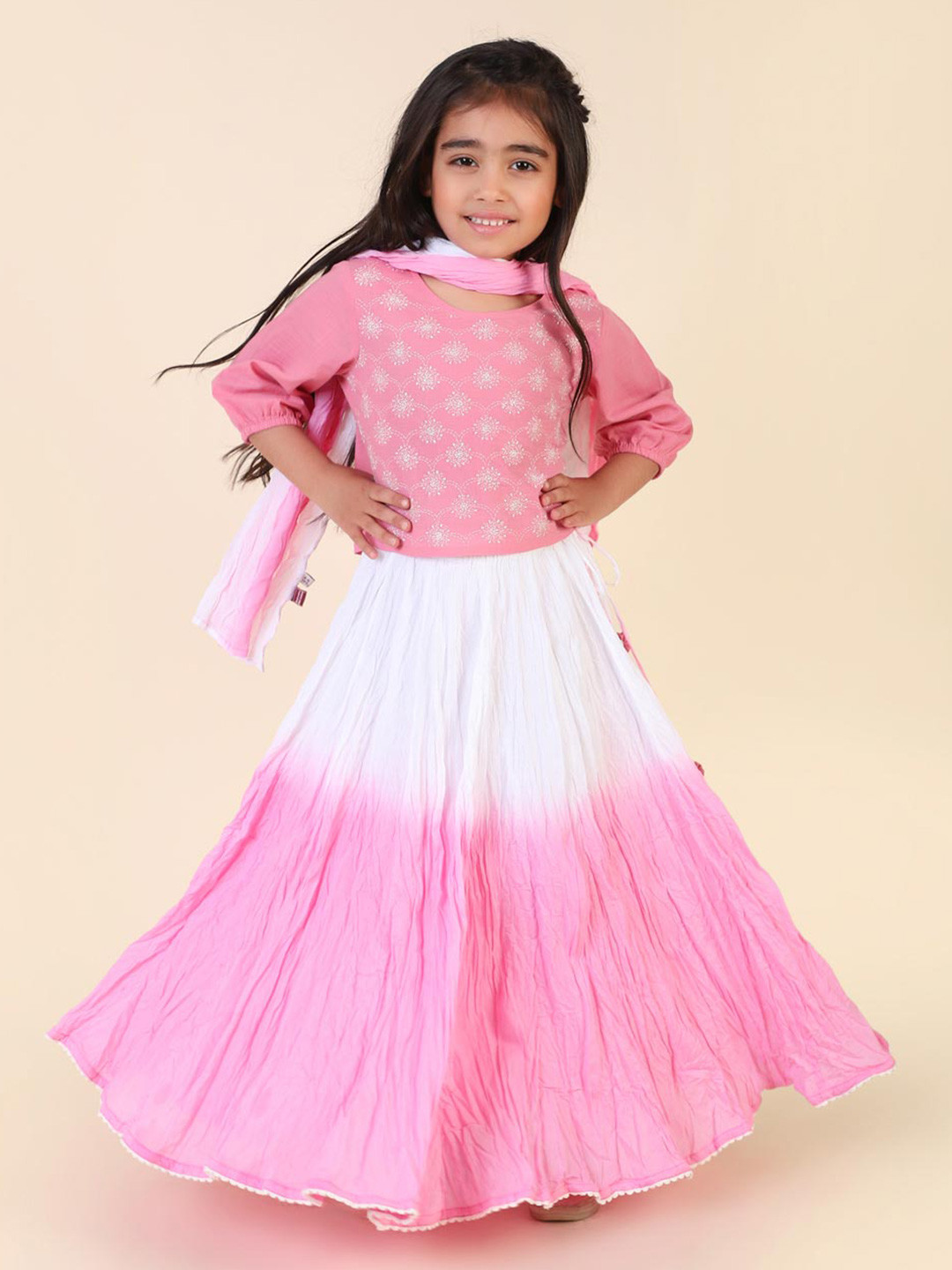 

Fabindia Girls Embroidered Ready to Wear Lehenga & Blouse With Dupatta, Pink